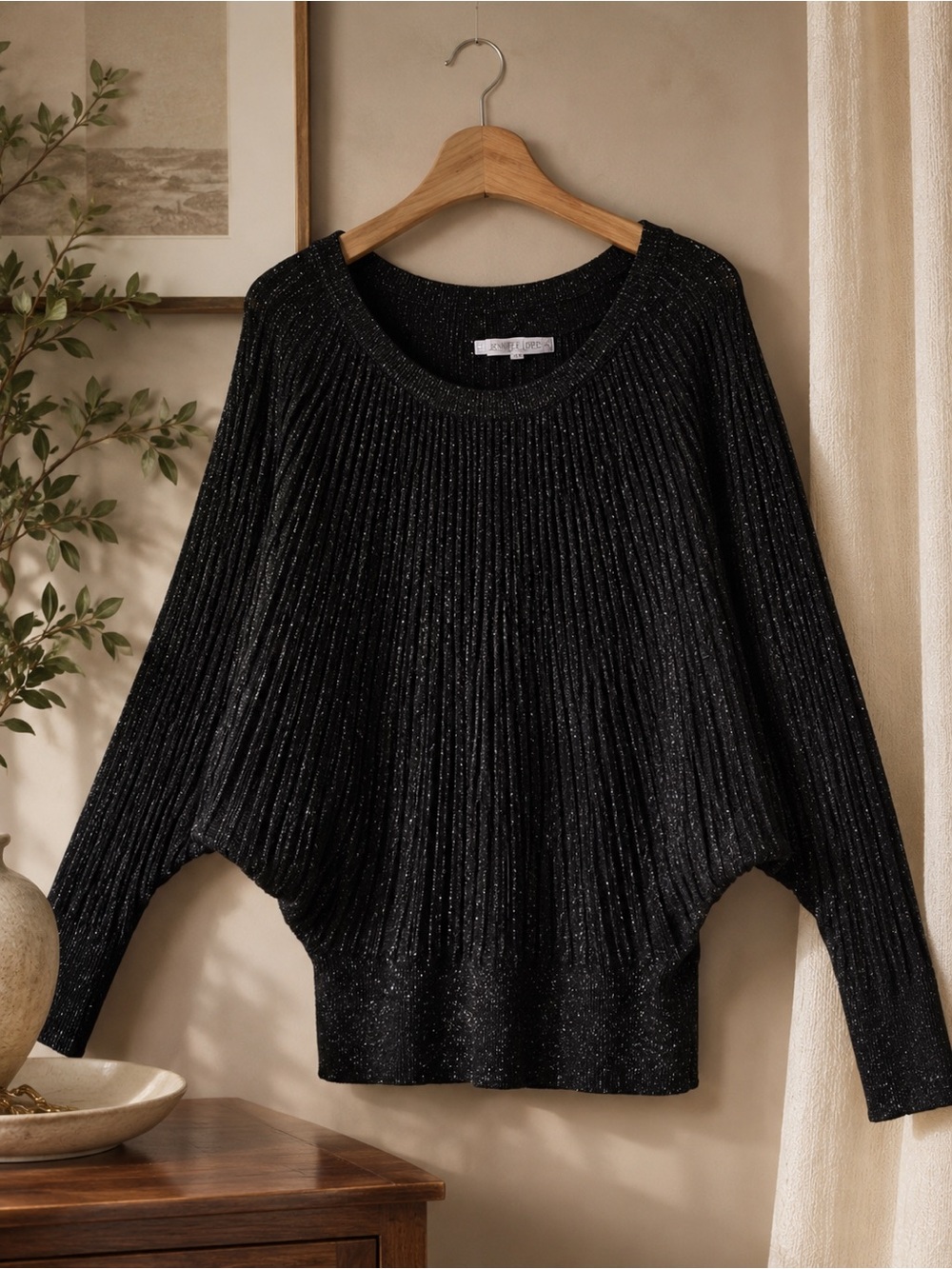 Jennifer Lopez XL Black Metallic Shimmer Batwing Ribbed Knit Sweater
